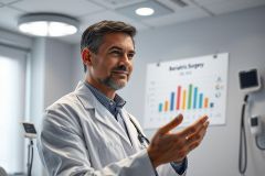 A male doctor in a white coat discusses bariatric surgery in a modern medical clinic. The image features a chart with colorful bar graphs, suggesting data analysis and patient outcomes. Clean, bright lighting and a professional setting convey healthcare expertise.