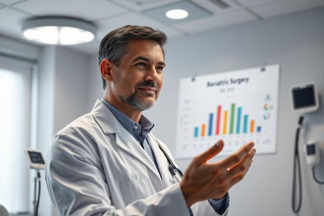 A male doctor in a white coat discusses bariatric surgery in a modern medical clinic. The image features a chart with colorful bar graphs, suggesting data analysis and patient outcomes. Clean, bright lighting and a professional setting convey healthcare expertise.