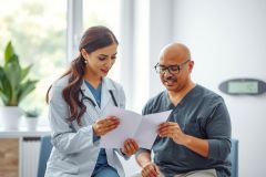 Doctor reviewing paperwork with a patient in a clinic setting.  Healthcare professional discussing medical records. Bright, modern office environment.  Focus on patient care and medical consultation.