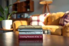Cozy living room scene with a stack of books, a potted plant, and warm lighting. Features a comfortable, inviting atmosphere with a focus on textures and a sense of relaxation.