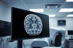 MRI scan of a brain displayed on a monitor in a medical facility. The image shows detailed anatomical structures, typical for diagnostic imaging in a hospital setting.