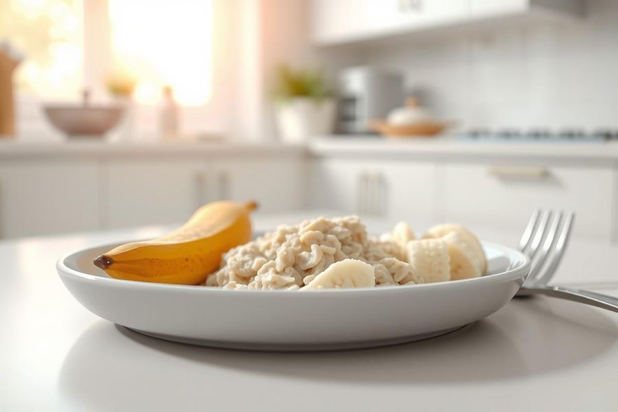 Close-up of sliced bananas on a white plate, with a whole banana nearby. Bright, natural light creates a clean and healthy food scene, ideal for breakfast or snack inspiration.