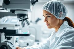 Focused female scientist in a white lab coat and hairnet examines samples under a microscope in a modern laboratory. The image features a clean, bright environment with a focus on scientific research and analysis. Predominant colors are white, gray, and silver, conveying a sterile and professional setting.