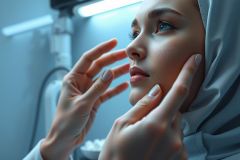 Close-up of a woman receiving facial treatment. Professional setting with blue lighting. Focus on skin analysis and beauty care.