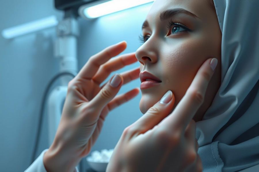 Close-up of a woman receiving facial treatment. Professional setting with blue lighting. Focus on skin analysis and beauty care.