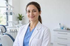 Female dentist in white coat smiling in bright dental clinic with chair and instruments.