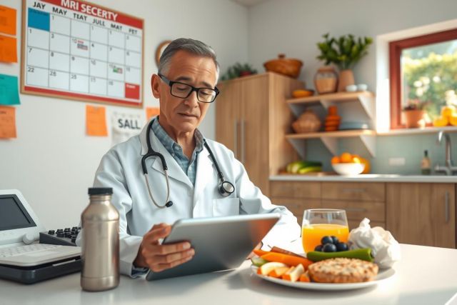 A male doctor is in his office, using a tablet for medical information. The room has clinical equipment and food on the counter, suggesting he may be taking a break during his busy day.