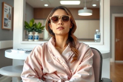 Woman in pink robe with sunglasses, sitting in modern room with minimal decor, including coffee table and green plant.