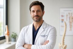 Orthopedic specialist in clinic with knee and spine models, professional consultation setting.
