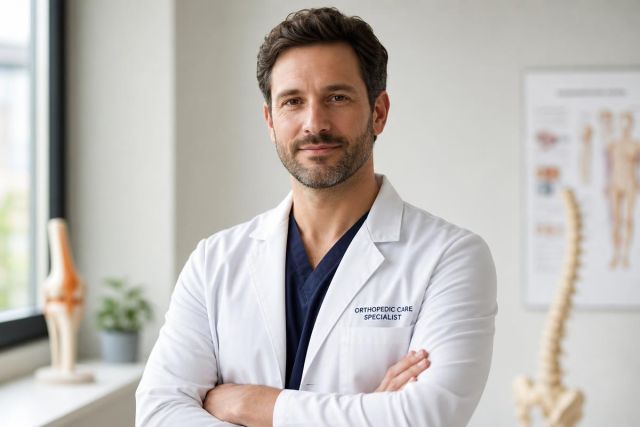 Orthopedic specialist in clinic with knee and spine models, professional consultation setting.