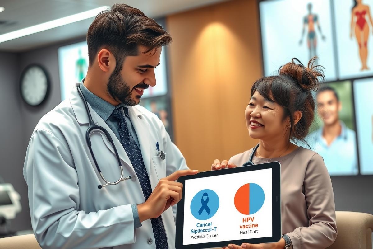 In the image, a doctor and patient are depicted in a professional healthcare setting. The doctor is a man wearing medical attire, including a white lab coat and stethoscope around his neck, indicating his role as a healthcare provider.