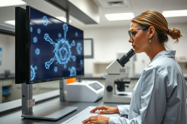Scientist in lab coat analyzes sample under microscope, focusing on research and medical analysis. The image showcases a modern laboratory setting with equipment and a blue screen displaying microscopic visuals.