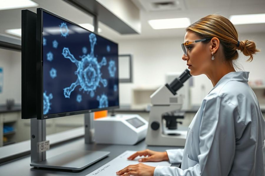 Scientist in lab coat analyzes sample under microscope, focusing on research and medical analysis. The image showcases a modern laboratory setting with equipment and a blue screen displaying microscopic visuals.