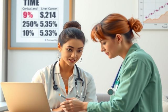 The image depicts a professional healthcare setting where two doctors are engaging in what appears to be a medical consultation. They are seated at a desk and one doctor is showing the other doctor information on a laptop screen, suggesting they are reviewing patient data or discussing treatment options.