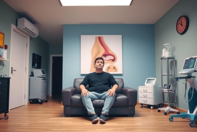 A person is seated on a couch in a room that appears to be an office or medical clinic. The individual seems relaxed and casual, contrasting with the professional environment around them.