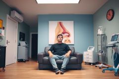 A person is seated on a couch in a room that appears to be an office or medical clinic. The individual seems relaxed and casual, contrasting with the professional environment around them.