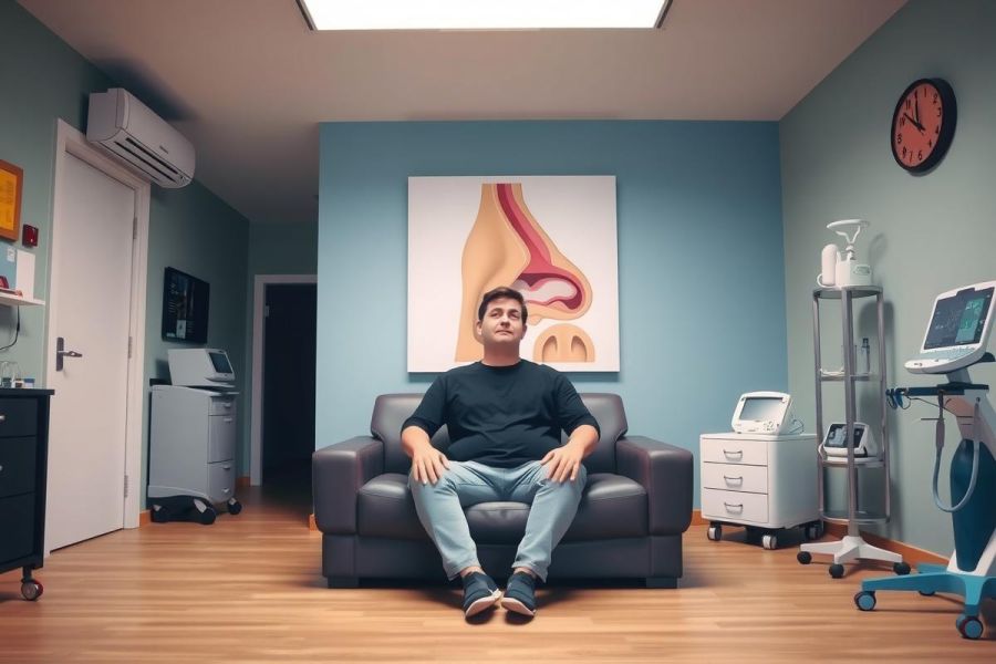 A person is seated on a couch in a room that appears to be an office or medical clinic. The individual seems relaxed and casual, contrasting with the professional environment around them.