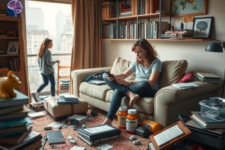 In a cozy room with floor-to-ceiling windows, a woman is comfortably seated on a couch. She's engaged with her cell phone which she holds in both hands. Nearby, a pile of books and papers suggests a study or workspace. A child is seen playing, adding to the lived-in feel of the scene.