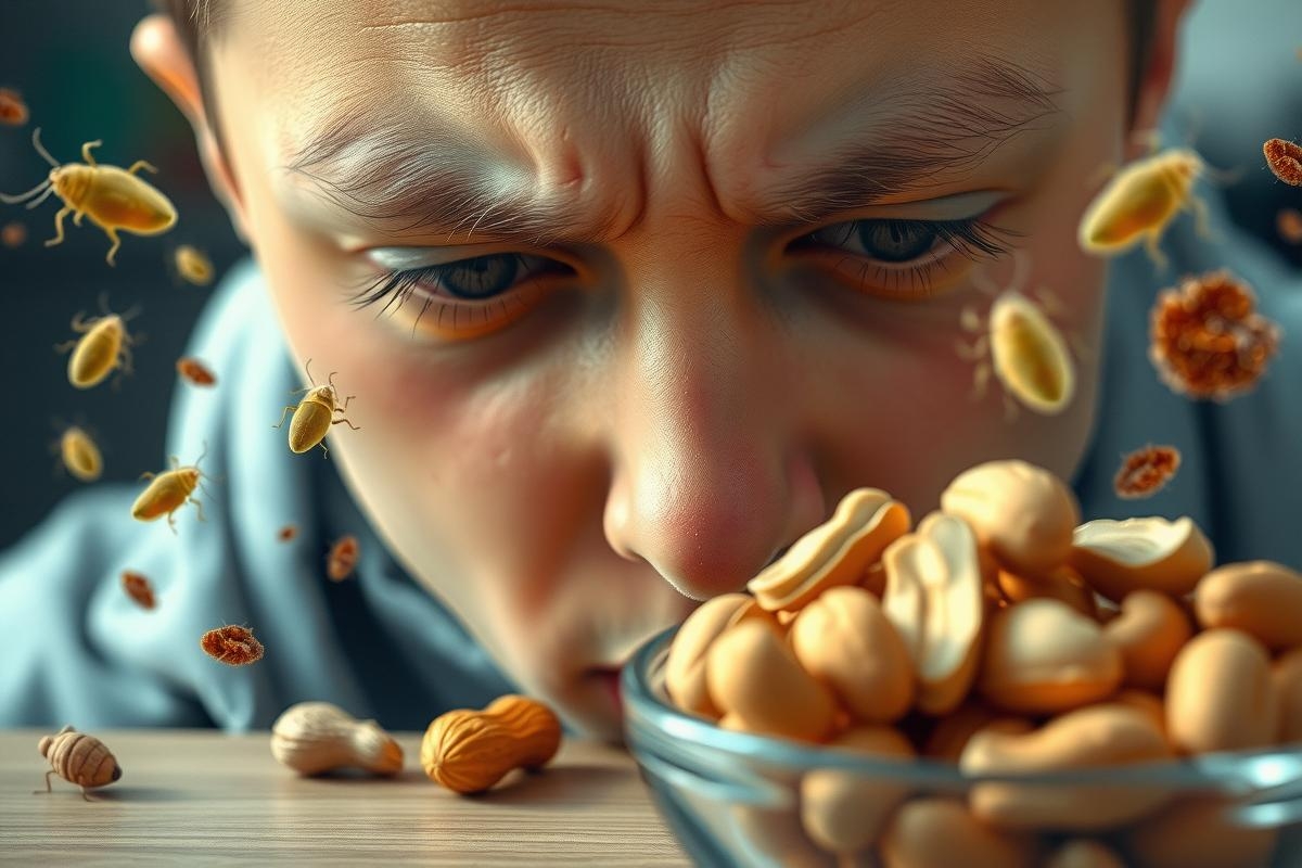 Man looking at nut nuts falling from above, he appears surprised or disturbed. Image is stylized with a glitch effect on the man's head.