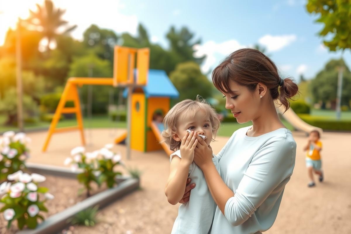 A woman in a park, wearing a blue shirt and holding a baby. The baby is being held on the mother's hip. Behind them are various playground equipment like swings, slides, and climbing structures under a clear sky.