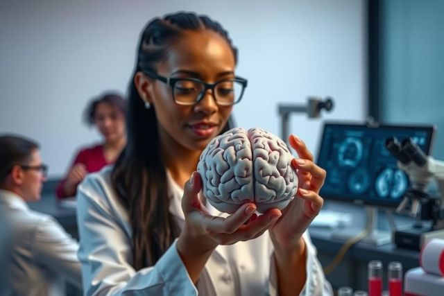 A scientist in a lab coat holds a 3D model of a brain. The image showcases medical research, anatomy, and science education in a modern laboratory setting.