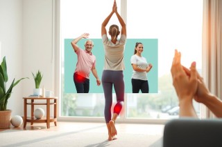 The image depicts a living room with three individuals engaged in a fitness activity. A woman is performing yoga poses, while two men cheer her on, one of whom has his hands raised in support or celebration. The scene suggests they are either watching an interactive fitness video or participating in a group exercise session within the comfort of their home.