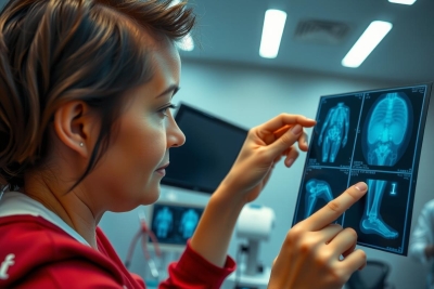 A woman with short hair is seated in front of a computer screen displaying medical imagery. The woman appears to be examining the scans, possibly reviewing patient information or conducting research related to medical diagnostics or health care analysis.