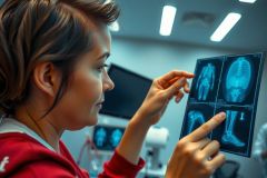 A woman with short hair is seated in front of a computer screen displaying medical imagery. The woman appears to be examining the scans, possibly reviewing patient information or conducting research related to medical diagnostics or health care analysis.