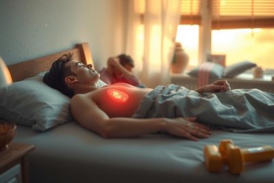 A young man is lying in a bed with a heart rate monitor on his chest. He appears concerned or worried, as indicated by his facial expression. There are other objects in the room including a window that suggests it might be nighttime given the dim lighting. The environment seems to be a domestic setting, possibly indicating a health issue or monitoring for medical reasons.