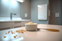 Close-up of a white bowl filled with flour on a kitchen countertop. Focus is on the flour, with a blurred kitchen background. A spoon rests nearby. Minimalist, food photography.