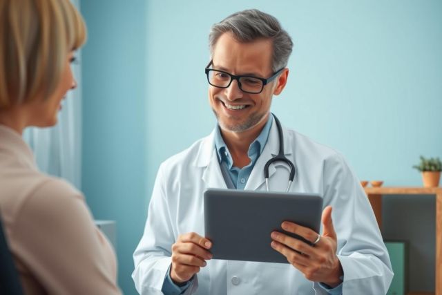 Doctor examining a patient, holding a tablet, in a medical office. White coat, stethoscope, professional setting, healthcare technology.