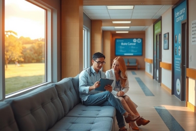 A young couple in a modern, well-lit waiting area of a health clinic. They are sitting on a gray couch, sharing something on a tablet.
