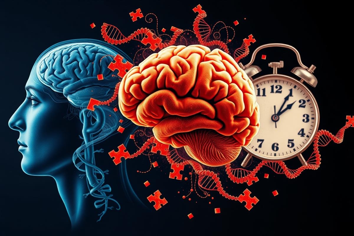 The image depicts a 3D illustration of the human brain with time-lapse imagery, suggesting cognitive progression over time. It includes elements such as a clock and molecular structures, possibly indicating the passage of time within a biological context.