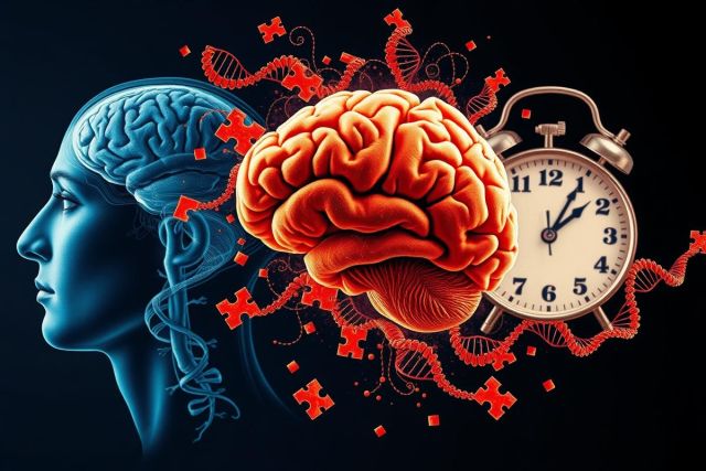 The image depicts a 3D illustration of the human brain with time-lapse imagery, suggesting cognitive progression over time. It includes elements such as a clock and molecular structures, possibly indicating the passage of time within a biological context.