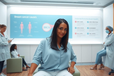 The image shows a woman sitting in a modern medical office, possibly for a breast cancer screening. She is smiling and appears to be at ease in the waiting area. Other professionals are visible behind her, dressed in medical attire. The environment has bright lighting, emphasizing a clean and professional atmosphere.