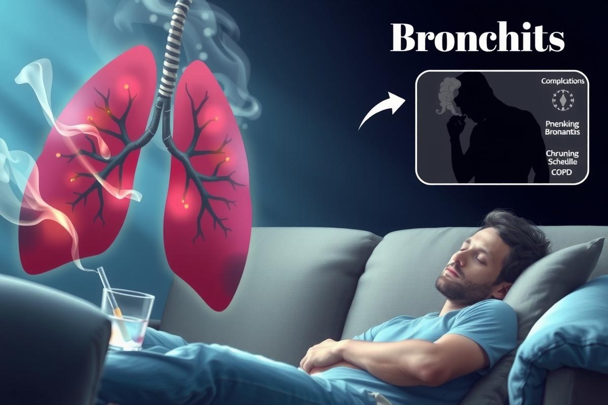 The image features a man lying on a couch, appearing to be in deep sleep. He is wearing a blue shirt. Above him, there are illustrations of lungs, suggesting a focus on respiratory health or conditions such as bronchitis. The surrounding environment is dimly lit, possibly indicating a cozy indoor setting at night. The color palette is predominantly cool with blues and grays, which may symbolize relaxation and sleep.