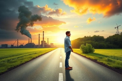 The image depicts a man standing alone in the middle of an asphalt road at dawn or dusk, with a dramatic sky. He appears contemplative and is facing away from the viewer. The scene has industrial elements like smokestacks in the background, suggesting a contrast between nature and industry.