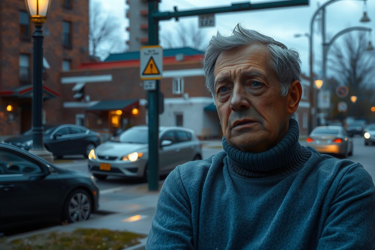 A man, appearing to be of older age, stands at a street corner. He is wearing a dark jacket and has grey hair. The setting suggests it might be an urban area as there are cars on the street and traffic lights in the background.