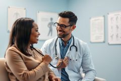 Doctor examining a patient with a stethoscope in a bright, modern clinic setting. A friendly interaction between a male doctor wearing glasses and a female patient is captured. The scene features a light blue wall with anatomical posters, conveying a healthcare and medical checkup theme.