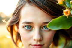 A portrait of a woman with blue eyes and light skin. She is wearing makeup, including lipstick, and her hair is styled in loose waves. 