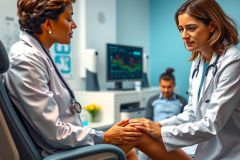 Doctor examines patient's knee in a medical office. The image showcases a healthcare setting with a focus on patient care and diagnostics. White coat, medical equipment visible.
