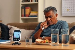 An older man sits at a table in a room with bookshelves, wearing a blue t-shirt and holding a pen to his chin. There are two glasses of water on the table, one empty and one full. A digital device displaying 173 is placed next to him. The table also has a plate of food. On the wall behind him, there's a calendar and bookshelves filled with books. He appears to be deep in thought, possibly contemplating his life or career choices.