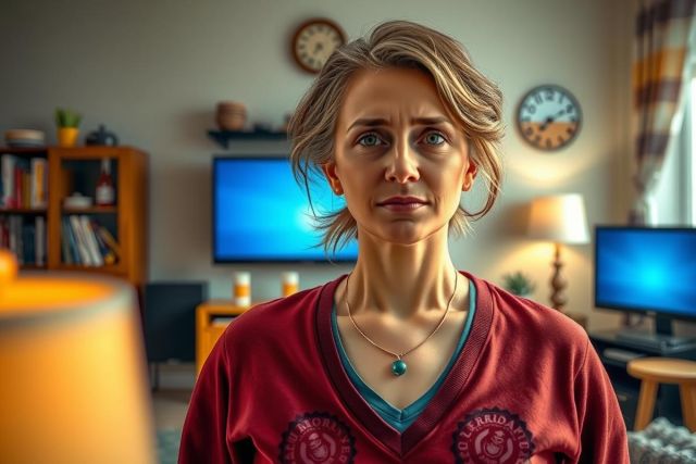 A woman, wearing a maroon top with blue accents and her hair pulled back, is standing in the middle of a living room. The room has modern furniture, including sofas and flat-screen TVs on the walls.