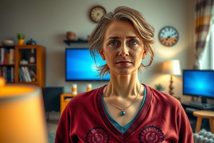 A woman, wearing a maroon top with blue accents and her hair pulled back, is standing in the middle of a living room. The room has modern furniture, including sofas and flat-screen TVs on the walls.