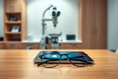 Eyeglasses rest on a tablet in an optometrist's office. Blurred background features a microscope and wooden shelving. Warm, neutral tones dominate the scene, conveying a professional and modern eye care setting. Focus is on the glasses and tablet.