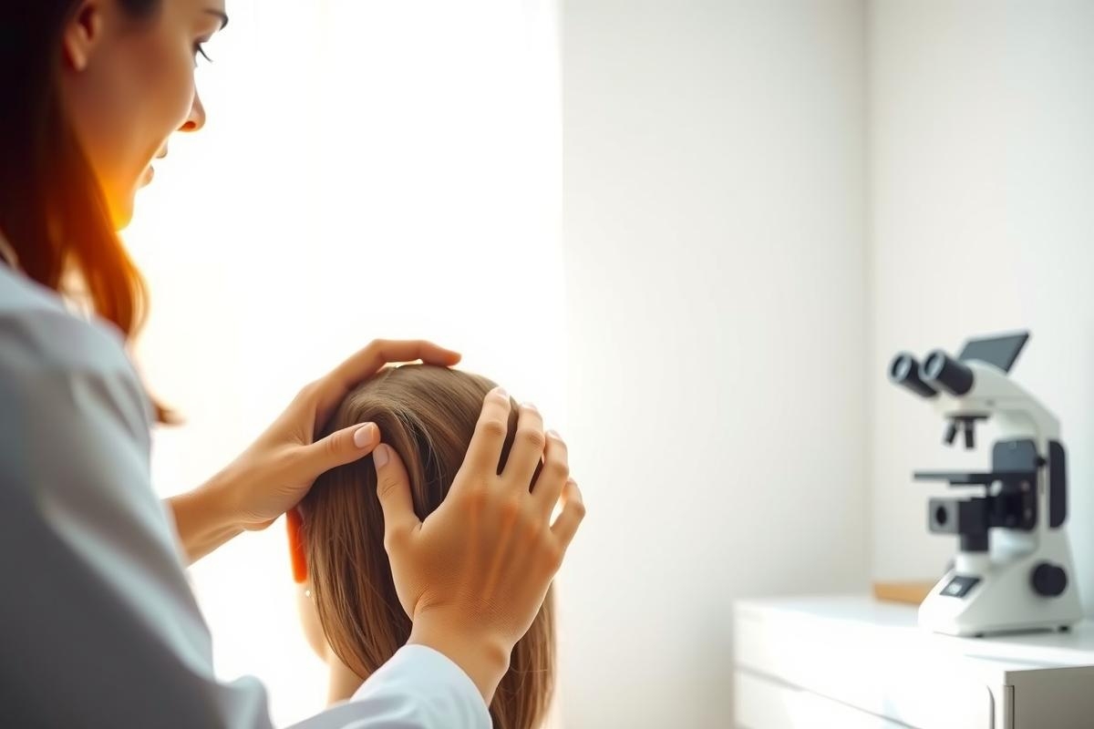 Doctor examining a patient's scalp in a clinic setting. Focus on hair and skin health. Medical professional, diagnostic assessment, close-up view. White coat, microscope visible in background.