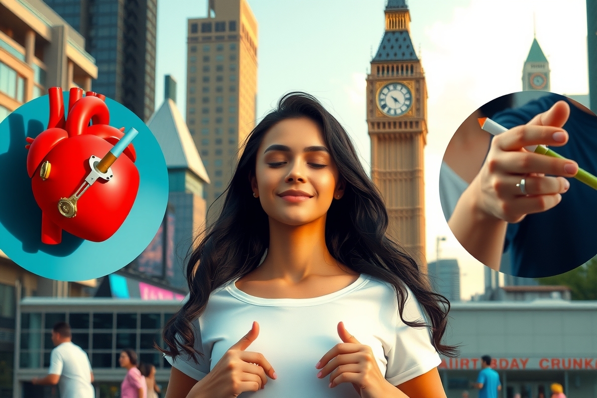 A woman wearing a white shirt is standing in front of the Big Ben clock tower. She has her hands on her chest and looks at something with a surprised expression. In the foreground, there are two blue circles - one containing a red heart and another with a needle inside it. In the background, there's a man drinking from a yellow cup. The scene takes place in London.