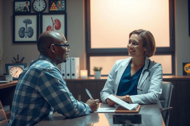 This is a color photograph featuring two individuals, presumably in a healthcare-related setting. The woman on the right appears to be a medical professional wearing a white lab coat and is seated at a desk with paperwork. 
