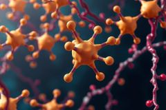 The image showcases a close-up view of cellular structures, possibly indicating the presence of viral particles or proteins. The central focus is on spherical structures that have been highlighted with orange and red colors, which may indicate specific functions or interactions within the cellular environment.
