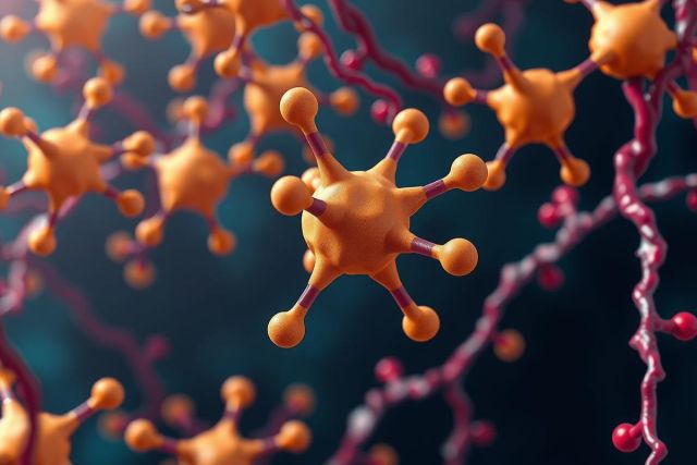 The image showcases a close-up view of cellular structures, possibly indicating the presence of viral particles or proteins. The central focus is on spherical structures that have been highlighted with orange and red colors, which may indicate specific functions or interactions within the cellular environment.